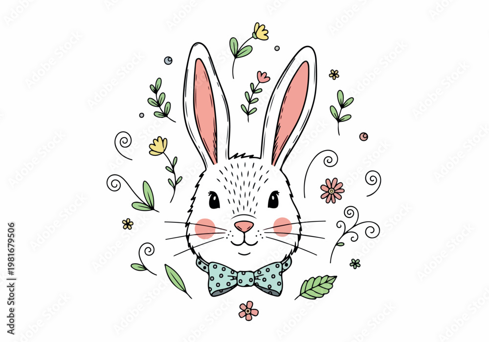 Obraz premium Charming vector illustration of a cute rabbit adorned with a bow tie and surrounded by delicate floral elements