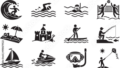 Summer Beach Sports and Outdoor Water Activities Black Icon Set