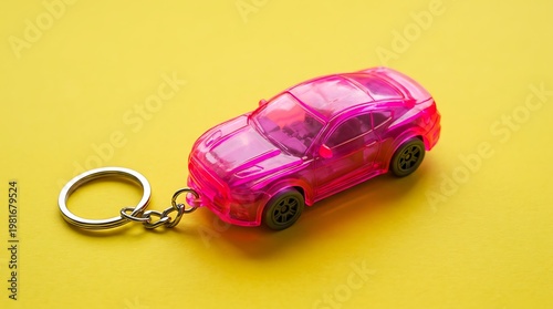 Bright pink transparent plastic car keychain isolated against vibrant yellow background