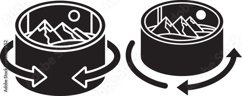 Illustration of rotating canisters with mountain landscape scenes black and white graphic resources canister container illustration circular rotation landscape adventure navigation cylinder