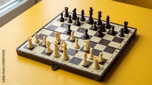 Chess game setup with pieces arranged on wooden board featuring classic black and white pieces