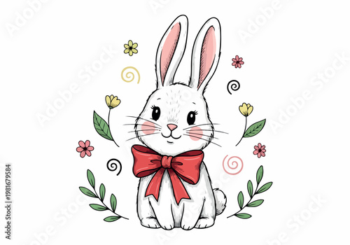 Vector illustration of a cute fluffy rabbit with a red bow tie, surrounded by spring flowers and leaves, perfect for Easter and children's themes