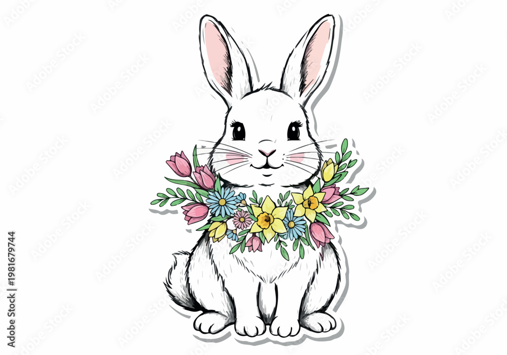 Fototapeta premium Vector illustration of a cute white rabbit wearing a floral crown, perfect for Easter and spring celebrations