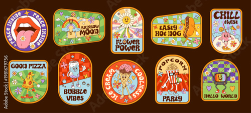 Hippie groovy label stickers and patches with cartoon retro psychedelic characters. Vector groovy flower, rainbow, pizza, hot dog and summer cocktail personages, hippy peace and good vibes stickers