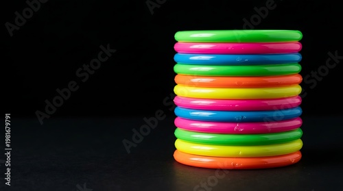 Colorful stack of plastic rings displayed against a plain contrasting background for creative and playful visuals