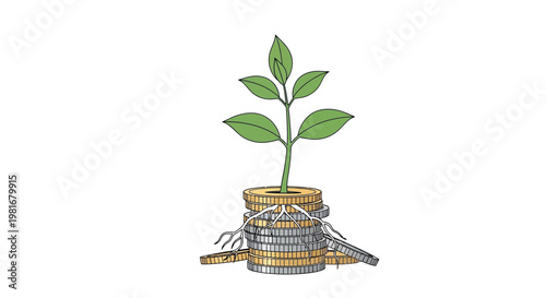 A small plant growing out of a stack of coins, symbolizing financial growth and investment.