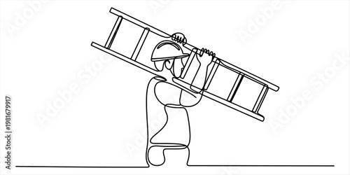 A single continuous line drawing of a construction worker carrying a long ladder on his shoulder Vector, illustration