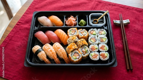Delicious assortment of fresh sushi rolls and nigiri placed in black compartmentalized tray with chopsticks