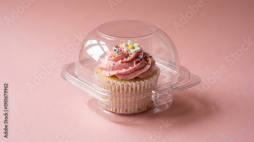 Delicious cupcake with pink frosting and colorful sprinkles inside clear plastic dome container