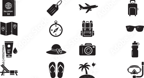 Travel and tropical summer vacation essentials vector icon set