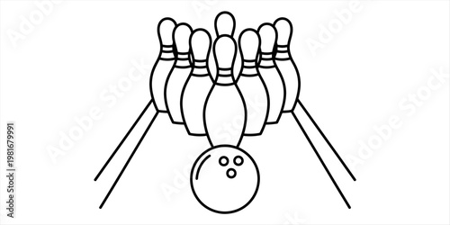A simple black and white line art illustration of a bowling ball hitting ten pins on a lane set. Vector, illustration