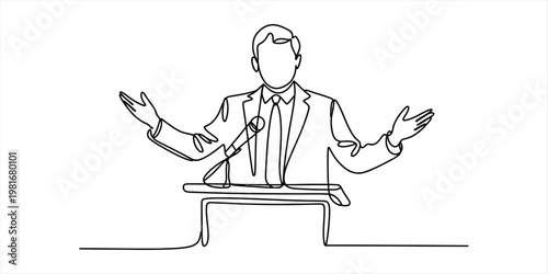 A single continuous line drawing of a formal speaker standing behind a podium with a microphone. Vector, illustration