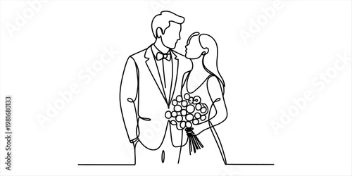 Minimalist continuous line drawing of a newly married couple holding a beautiful floral bouquet Vector, illustration