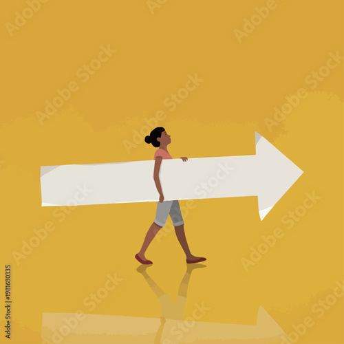 A man walks forward carrying a large white arrow on a yellow background