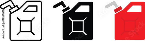 Gasoline jerrycan icon set, red and black fuel canister vector elements, 3 portable petrol container symbols for automotive and industrial design