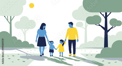 Happy family holding hands while walking together on a peaceful sunny path during their relaxing afternoon walk in the park