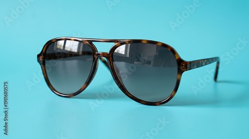 Stylish tortoiseshell aviator sunglasses with gradient lenses set against a solid light blue background
