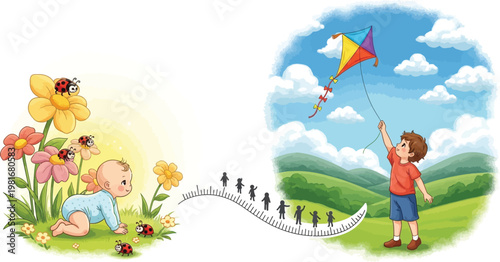Beautiful illustration capturing early life stages, depicting a baby crawling among colorful flowers and a young boy happily flying a bright kite