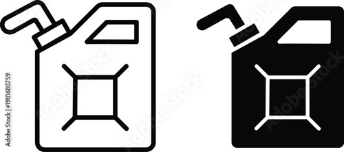 Jerrycan vector icons in outline and solid styles, gasoline canister symbols for fuel storage, black and white petrol container illustrations