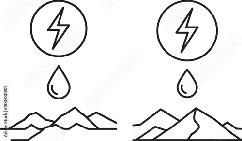 Two icons representing hydroelectric power and mountain landscape with electricity generation renewable energy storm cloud water drop mountain range electricity icon nature icon weather icon