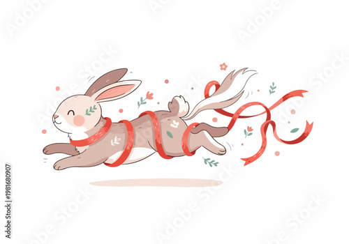 Vector illustration of a happy rabbit playfully running with a ribbon wrapped around its body and floral elements