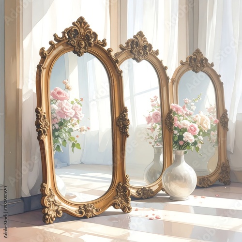 Three ornate gold-framed mirrors reflect pink flowers