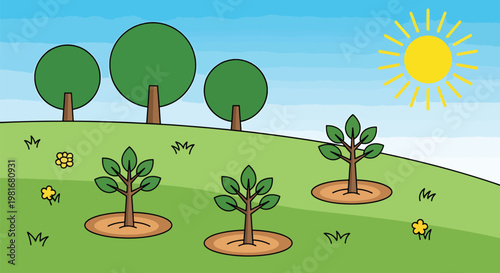 A vibrant illustration of a sunny green hill with three large trees in the background and three young saplings planted in the foreground.