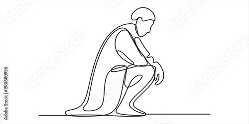 Minimalist continuous single line drawing of a person crouching in a thoughtful or sad posture Vector, illustration