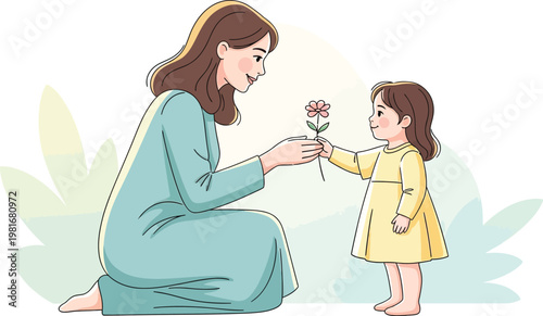 Loving mother kneeling on the ground receives a small flower from her young daughter during a sweet afternoon in spring