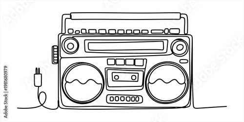 A simple continuous line drawing illustration of a retro boombox tape player with a power cord. Vector, illustration