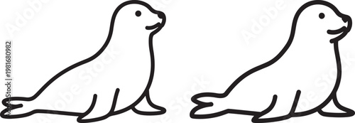 Two cartoon seals sitting side by side with marine mammal sea lion black and white background baby animal illustration isolated together wildlife creature adorable friendly domestic