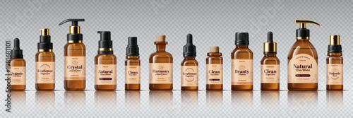Realistic amber glass bottles, mockup cosmetic bottles with pump lid or dropper caps of cosmetic cream, serum and lotion. 3d vector of containers with elegant labels, for skincare and beauty products