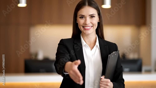 Wallpaper Mural Friendly Professional Businesswoman Offering a Handshake at a Modern Office Reception Desk While Looking at the Camera Torontodigital.ca