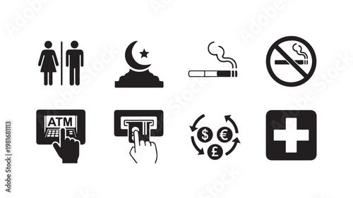 Black icons for bathroom, no smoking, mosque, ATM, currency exchange, and medical signs on white background for commercial concepts