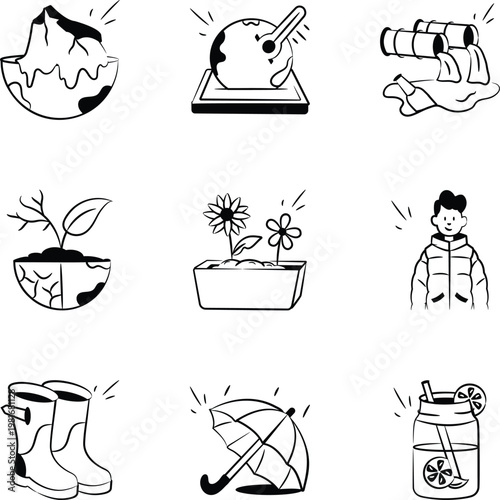 Set of Doodle Style Weather and Environment Icons 