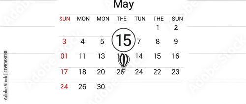 Digital calendar interface displaying the month of May with the fifteenth day clearly circled and a hot air balloon icon.