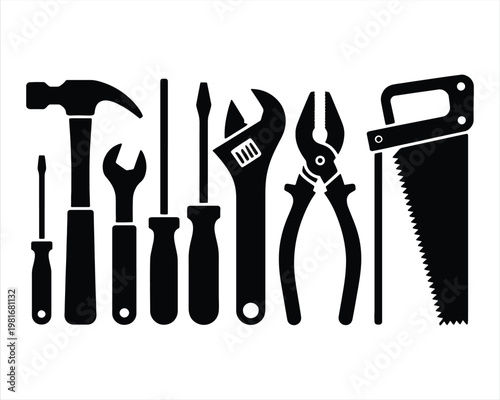 Hand Tools Silhouette icons set. silhouette hand tools for repair and construction. worker icons set