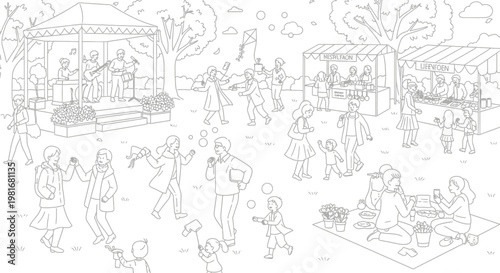 An engaging black and white outline illustration depicting a vibrant outdoor community festival with diverse people enjoying various recreational activities and entertainment.