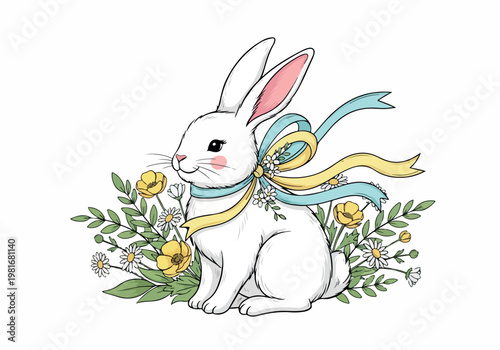 vector illustration of a cute white rabbit with a bow adorned with spring flowers, perfect for Easter and nature themes