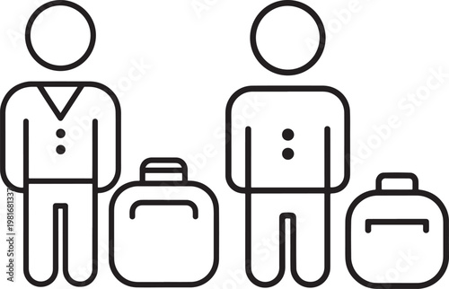 Two stick figure people with suitcases black and white background business trip personal trip traveler icons carry on traveler suitcase vacation illustration isolated together