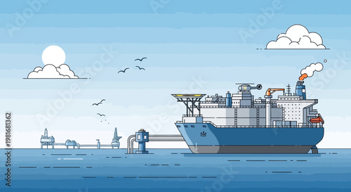 Floating LNG terminal and offshore platform connected by pipeline, pixel art style
