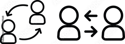 Interpersonal communication icons, human interaction symbols with arrows, black line art vector set for social networking and business collaboration