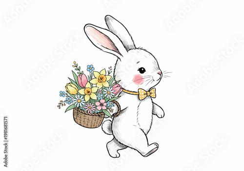 Easter Bunny Vector Illustration Carrying a Basket of Spring Flowers