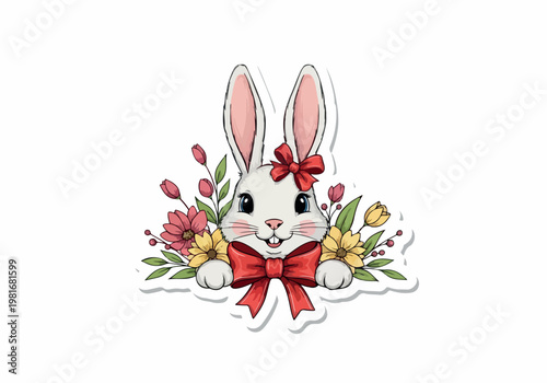 Vector Illustration of a Cute Easter Bunny with a Red Bow and Flowers