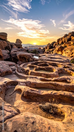 Serene Sunset Over Unique Rock Formations in Desert Landscape
