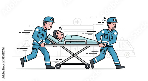 Paramedics rushing patient on stretcher to hospital, emergency medical service illustration