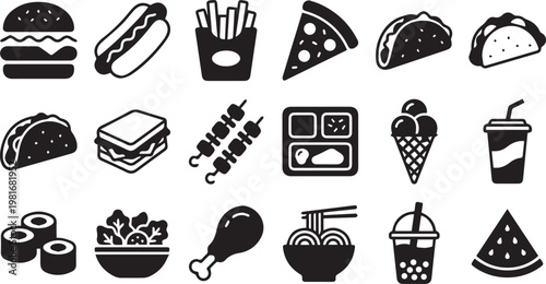 Fast food and summer snacks icons set for restaurant menu