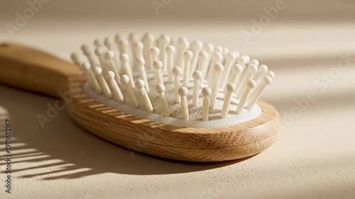 Eco-friendly bamboo hairbrush with white pins on beige background