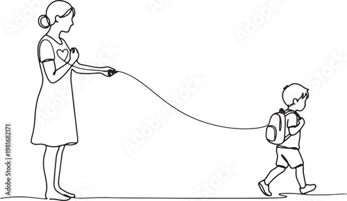 Continuous one line drawing of mother sending child to school, parenting and independence concept