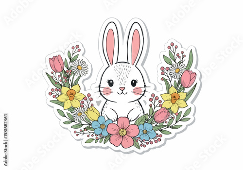 Cute vector illustration of a fluffy white rabbit surrounded by a vibrant floral wreath, perfect for spring and Easter themes